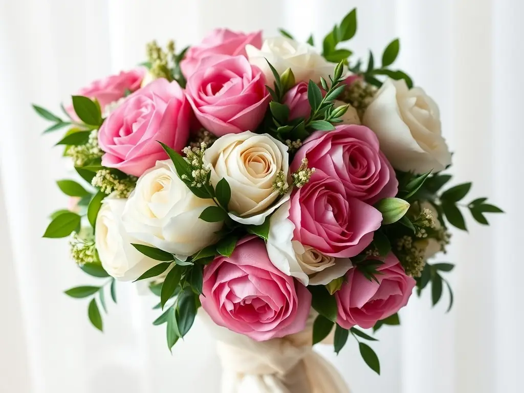 A beautifully arranged wedding bouquet featuring pastel roses, peonies, and hydrangeas, tied with a silk ribbon, presented in a soft, romantic setting.