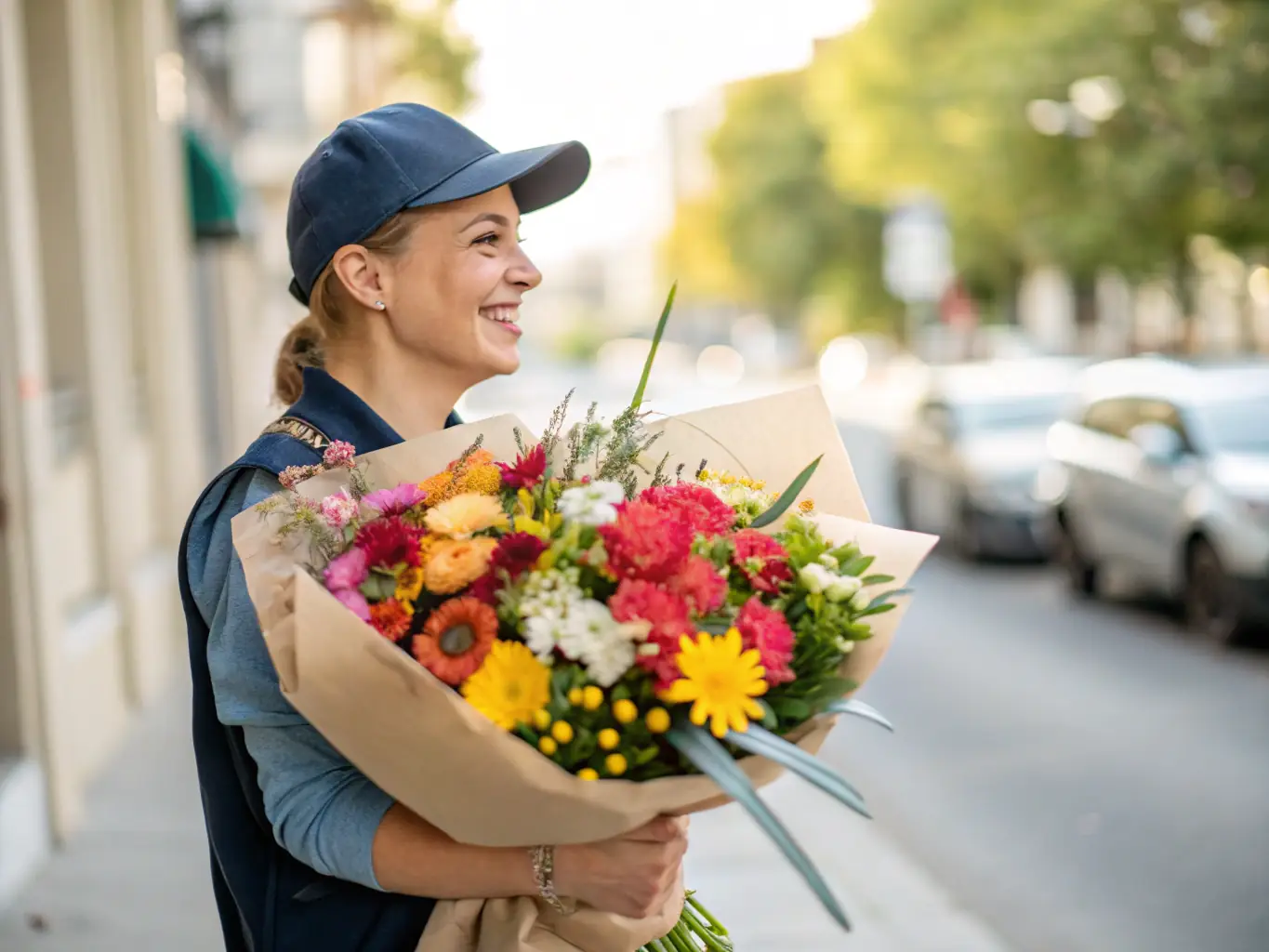 A friendly Flowers and Passion delivery driver handing a bouquet to a smiling customer in Warsaw, highlighting the reliable and personalized customer service.