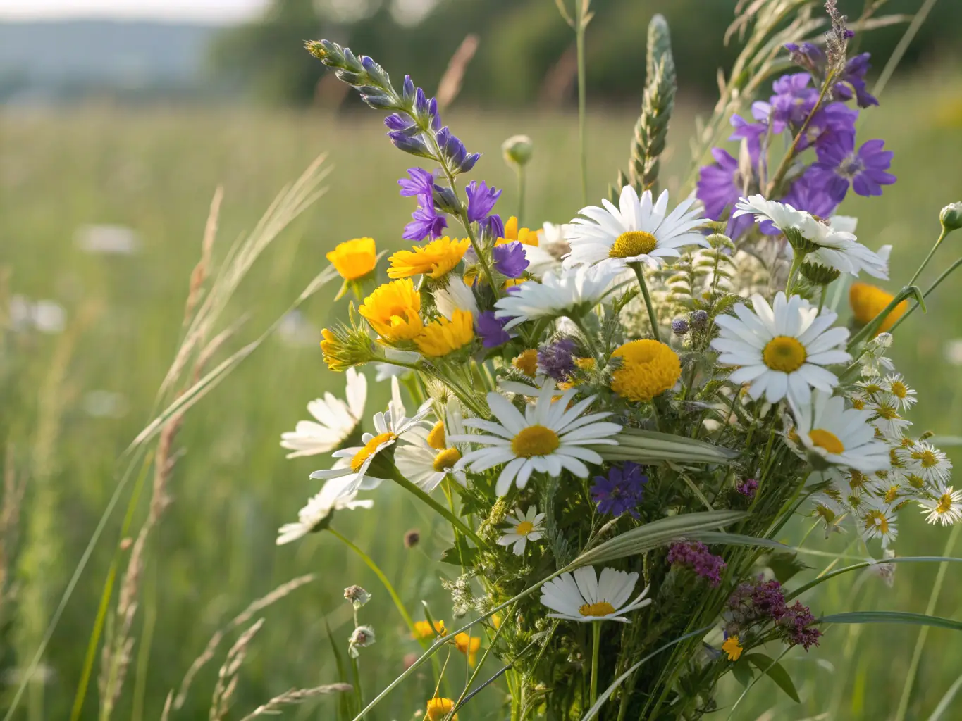 A vibrant and cheerful bouquet of mixed seasonal flowers, including sunflowers, daisies, and wildflowers, arranged in a rustic vase, set against a bright, sunny background.
