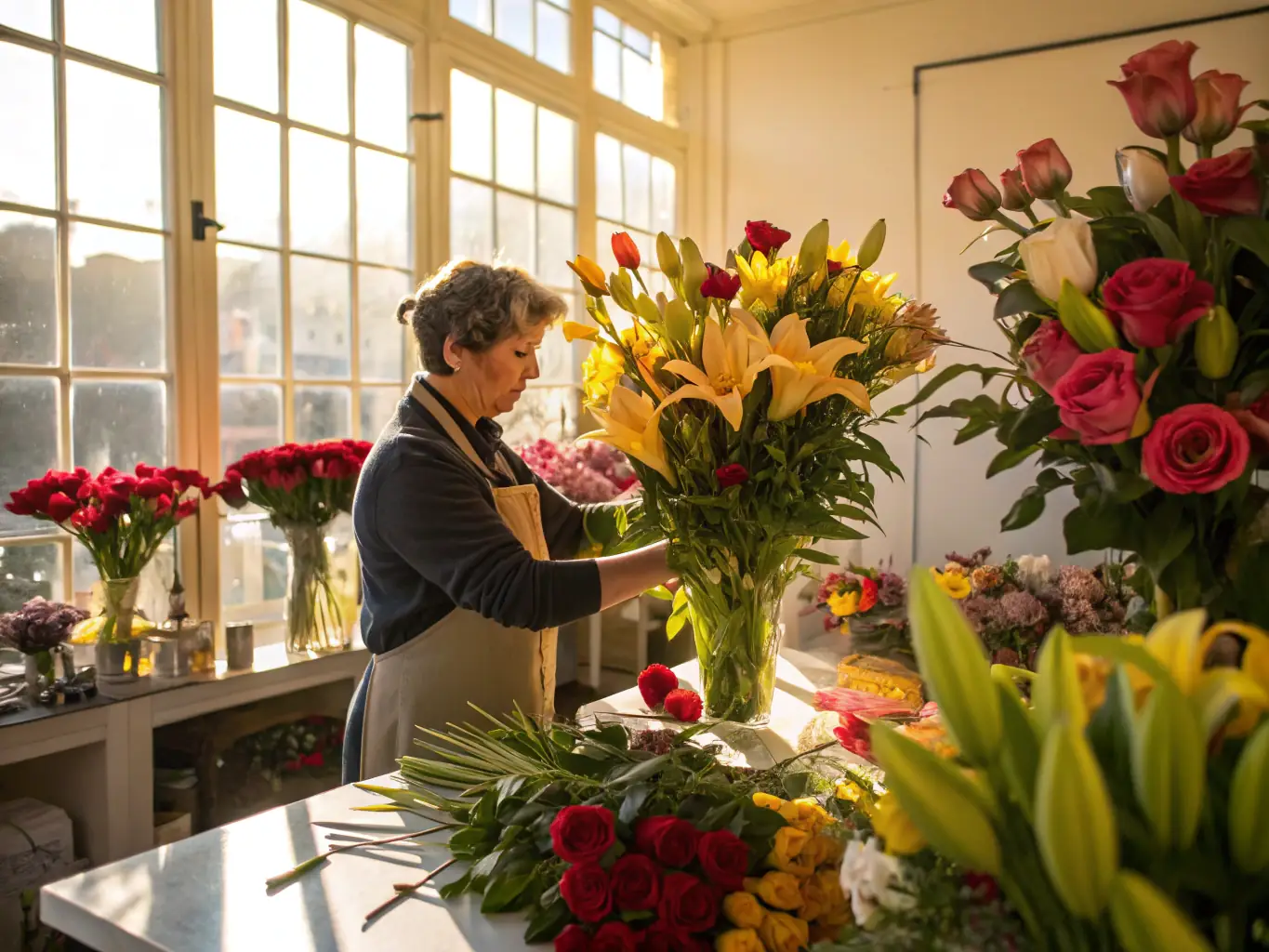 A florist at Flowers and Passion carefully crafting a wreath with fresh flowers and greenery, demonstrating the passion and expertise that goes into each arrangement.