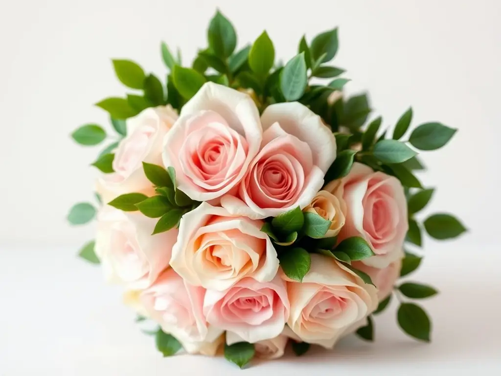 A close-up shot of a beautifully arranged wedding bouquet featuring pastel-colored roses and peonies, showcasing the quality and artistry of Flowers and Passion.