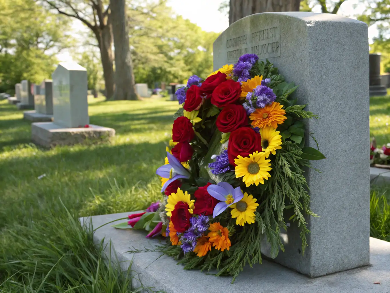 A dignified memorial wreath composed of white lilies, roses, and lush greenery, displayed against a backdrop of a serene memorial setting.